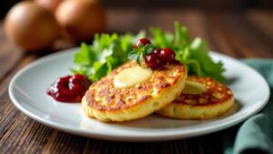 Kartoffelpuffer mit gebackenem Käse und Preiselbeersauce