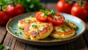 Kartoffelpuffer mit geräuchertem Käse und Tomaten