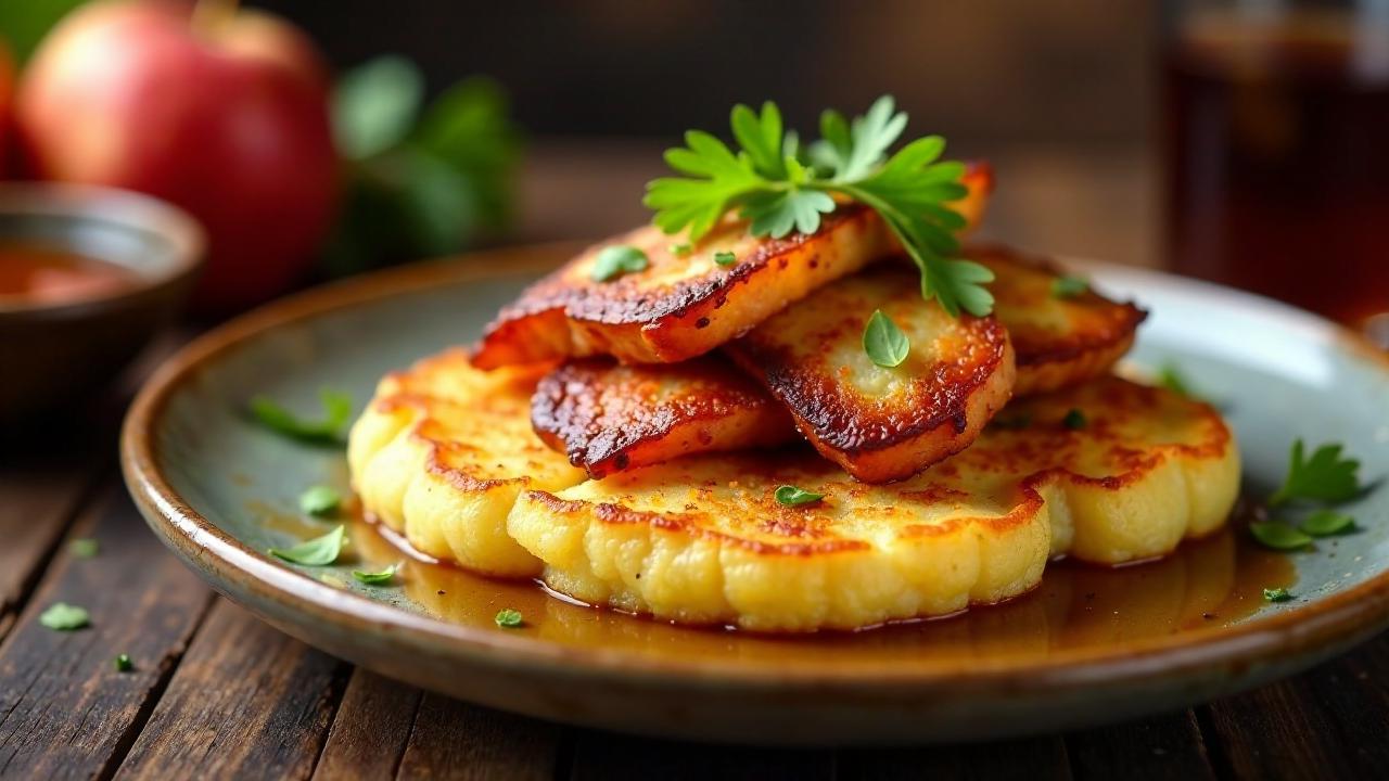 Kartoffelpuffer mit geräuchertem Schweinebauch