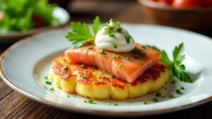 Kartoffelpuffer mit geräucherter Forelle und Meerrettich