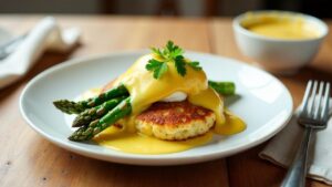 Kartoffelpuffer mit grünem Spargel und Hollandaise