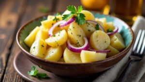 Kartoffelsalat mit Mischung aus weißen und roten Zwiebeln