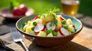 Kartoffelsalat mit Radieschen und Erbsen