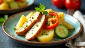 Kartoffelsalat mit gerösteten Putenstreifen