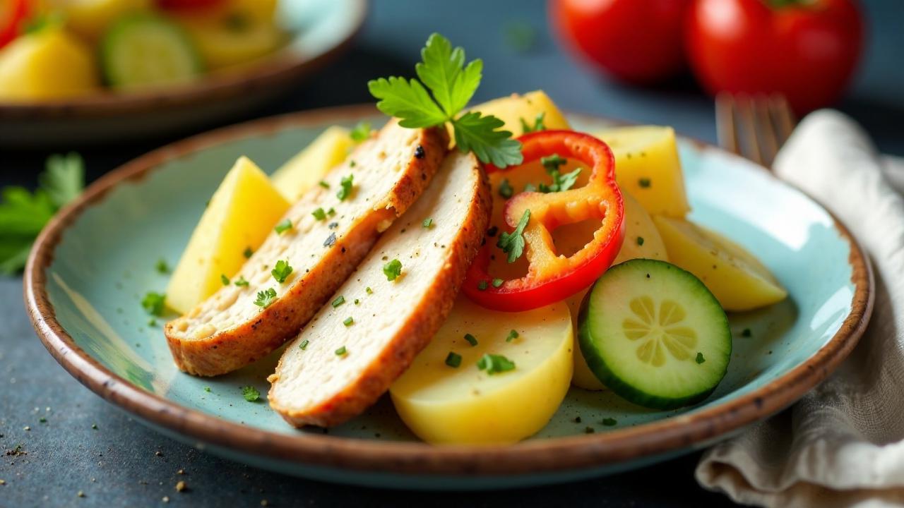 Kartoffelsalat mit gerösteten Putenstreifen