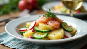 Kartoffelsalat mit geräuchertem Forellenfilet