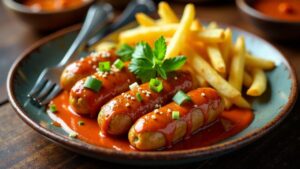 Kimchi-Currywurst und knusprige Pommes