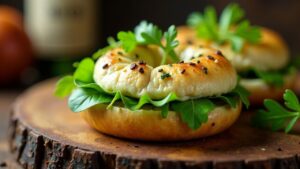 Knoblauch-Bagel mit Ziegenkäse und Rucola