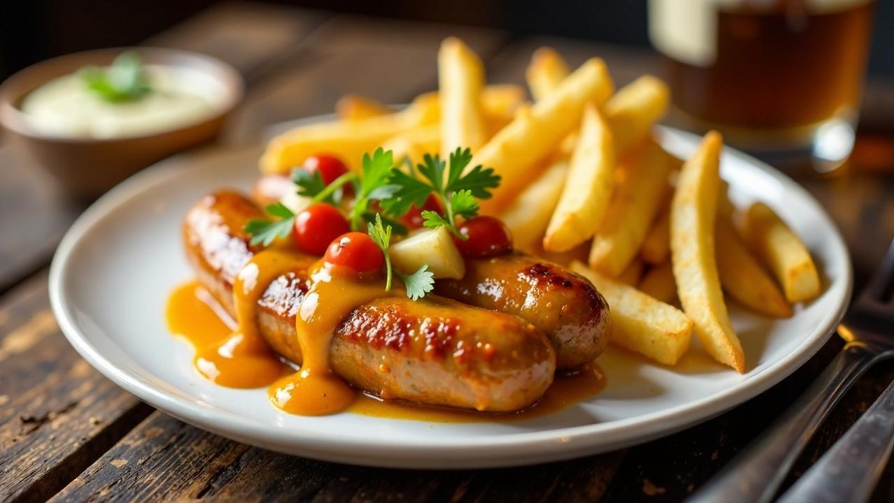 Knoblauch-Currywurst und Pommes Ala Aioli