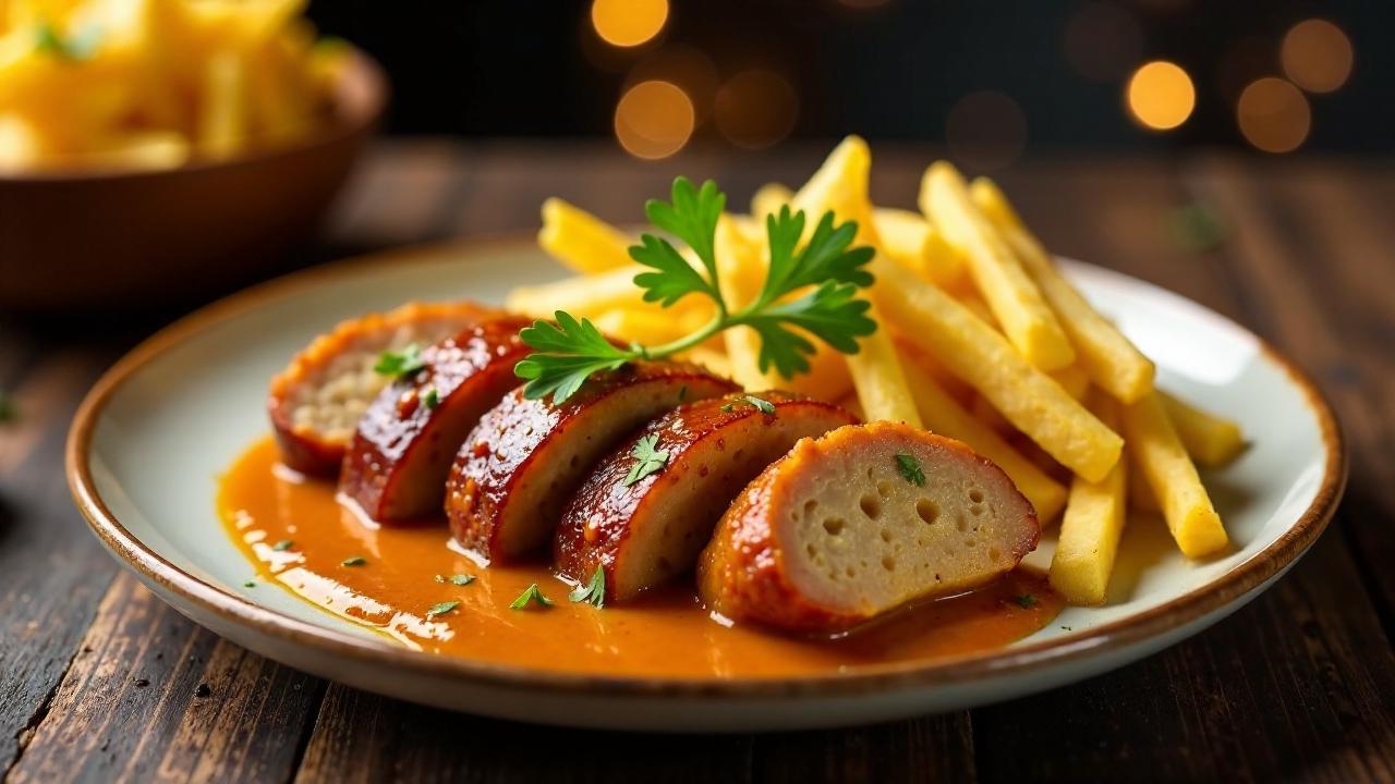 Knusprige Schweinebauch-Currywurst und Pommes