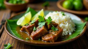 Kokos-Rindfleisch in Bananenblatt gedämpft