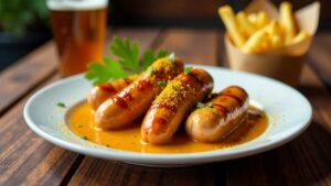 Krakauer Currywurst und Pommes