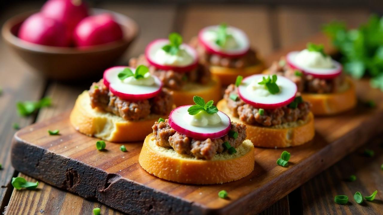 Kräuterleberkäse-Canapés mit Radieschen