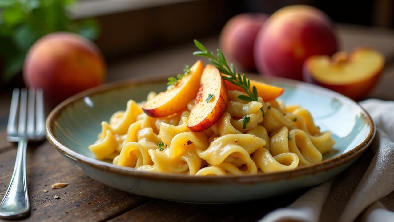 Käsespätzle mit Pfirsich und Hähnchen