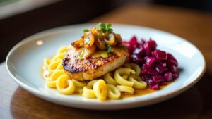 Käsespätzle mit Rotkohl und Fasan