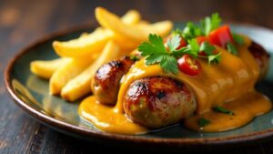 Lauch-Currywurst mit Linsensalat und Pommes