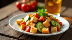 Leberkäs-Brotsalat mit Vinaigrette