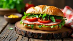 Leberkäse-Ciabatta mit Rucola und Tomaten