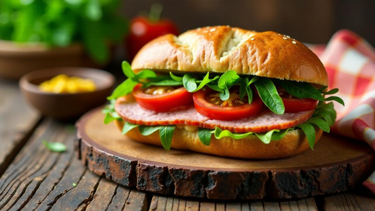 Leberkäse-Ciabatta mit Rucola und Tomaten