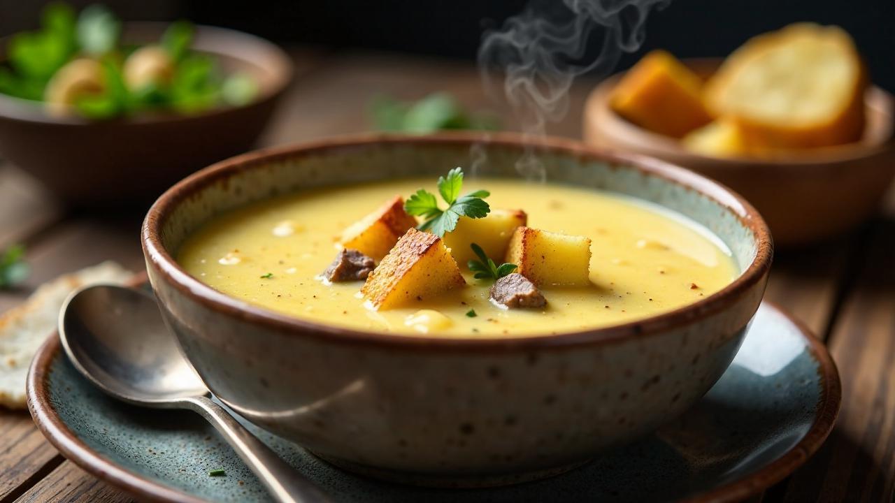 Leberkäse-Käsesuppe mit Croutons