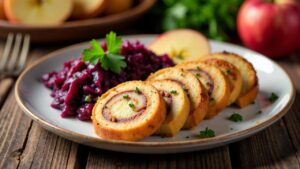 Leberkäse-Rouladen mit Blaukraut