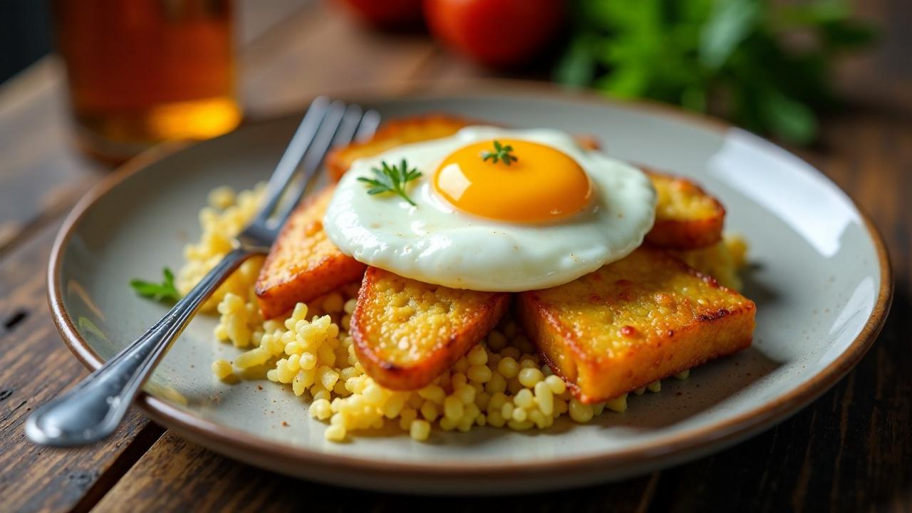 Leberkäse mit Rösti und Spiegelei