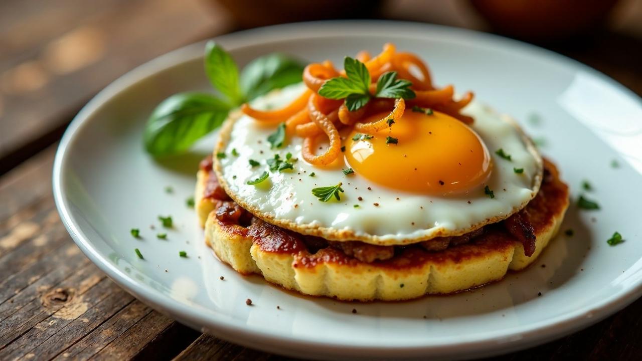 Leberkäse mit Spiegelei und Röstzwiebeln