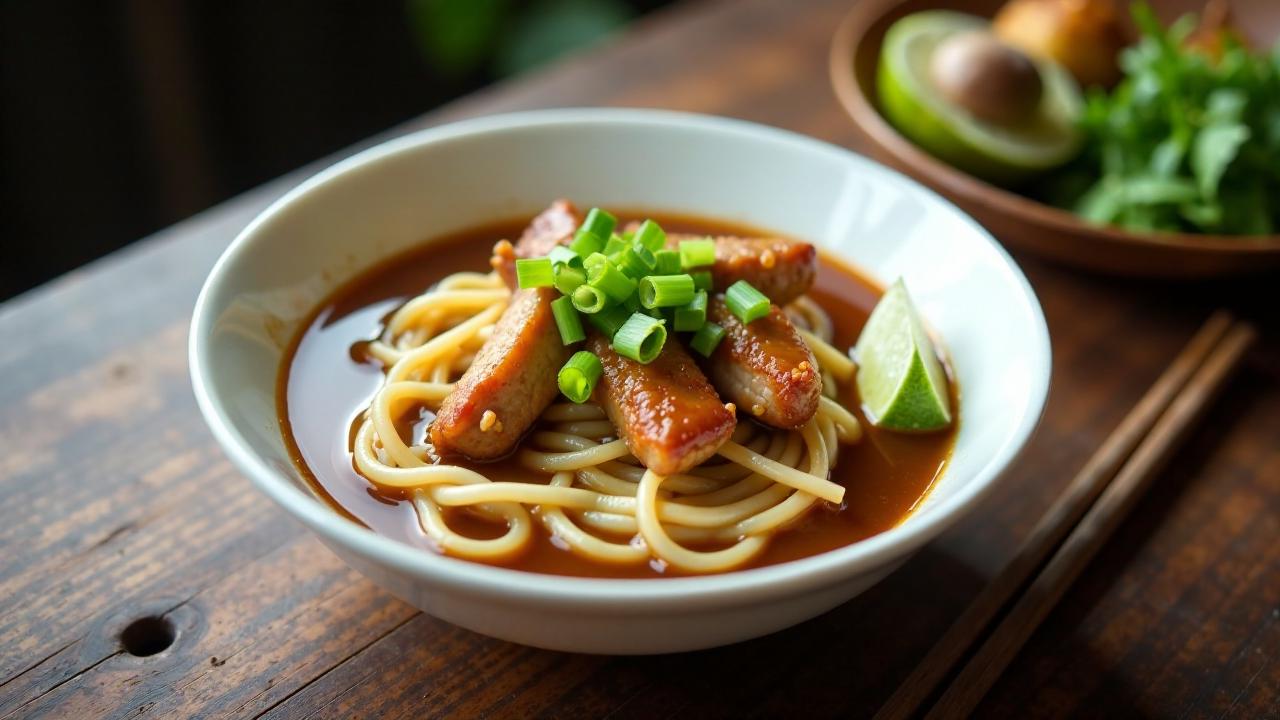 Lechon Mami: Heiße Nudelsuppe mit Lechon-Stückchen