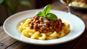 Linsen-Bolognese auf Spätzle