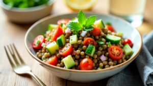 Linsensalat mit Tomaten und Gurken