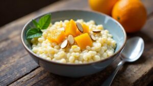 Mandelreis-Porridge mit kandierter Orange