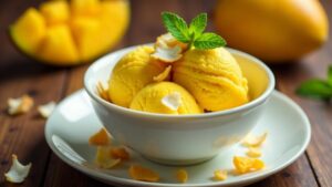 Mango-Eis mit Kokoschips