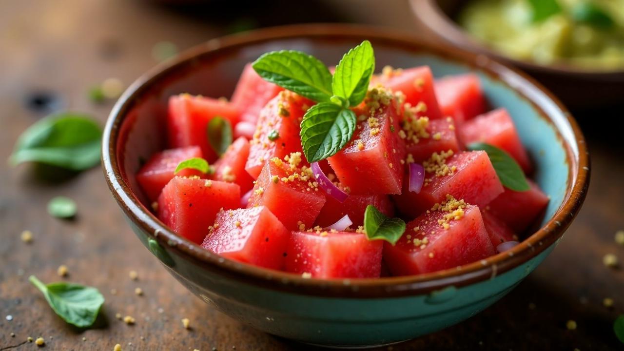 Masala Watermelon Chaat – Mit Gewürzen und Minze versehene Wassermelone