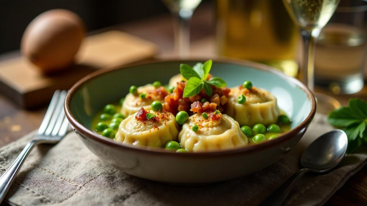 Maultaschen mit Erbsen und Speck