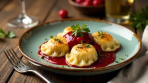 Maultaschen mit Preiselbeeren und Schinken