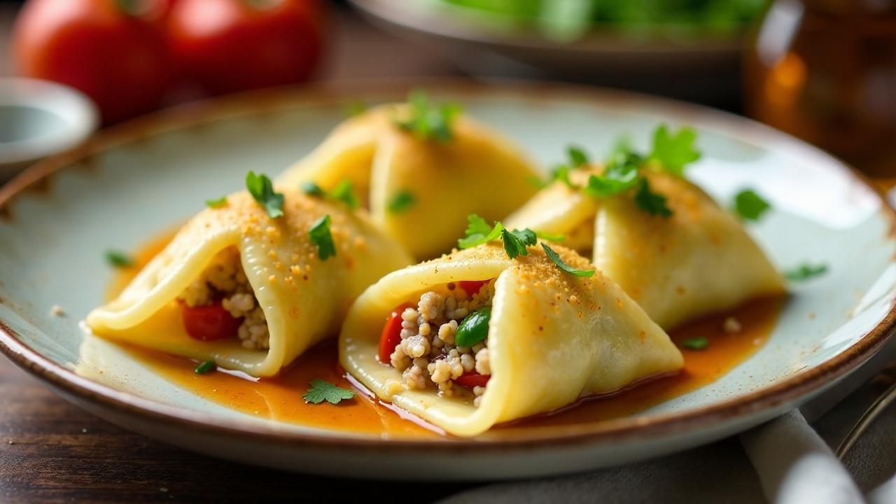 Maultaschen mit Putenfleisch und Gemüse