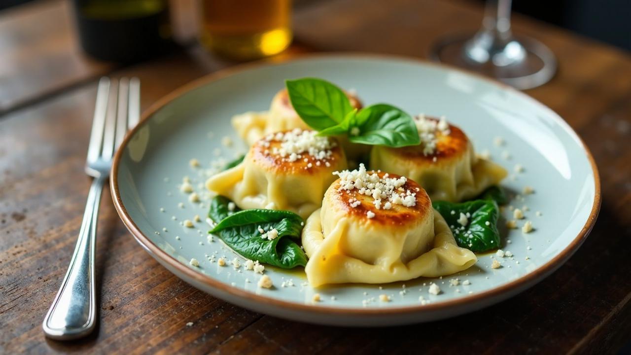 Maultaschen mit Spinat und Pinienkernen