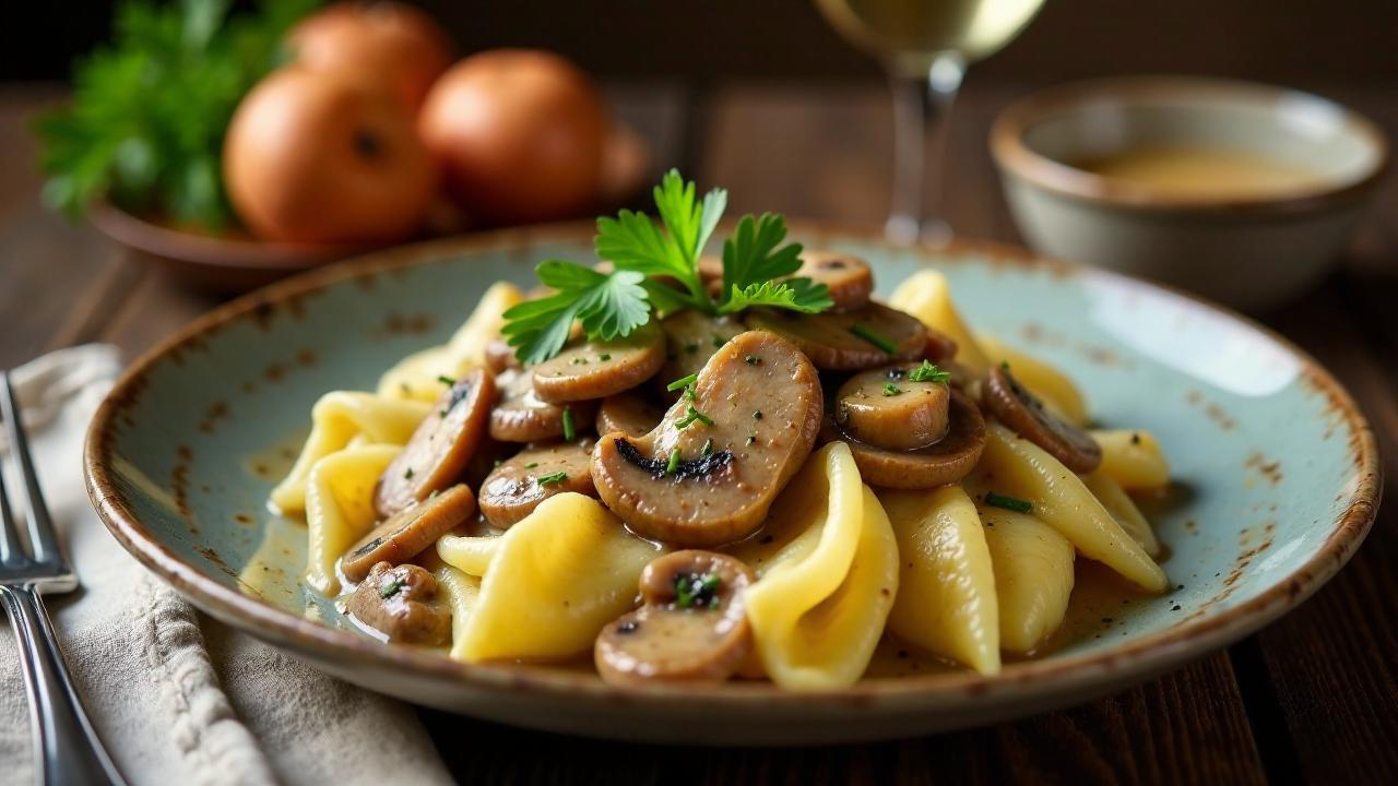 Maultaschen mit Steak und Pilzen