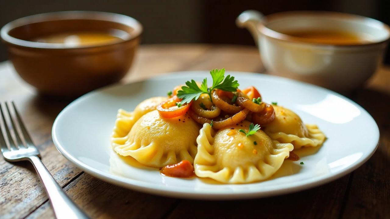 Maultaschen mit Streichwurst und Zwiebeln