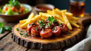 Mediterrane Currywurst mit Olivensauce und Rosmarinpommes