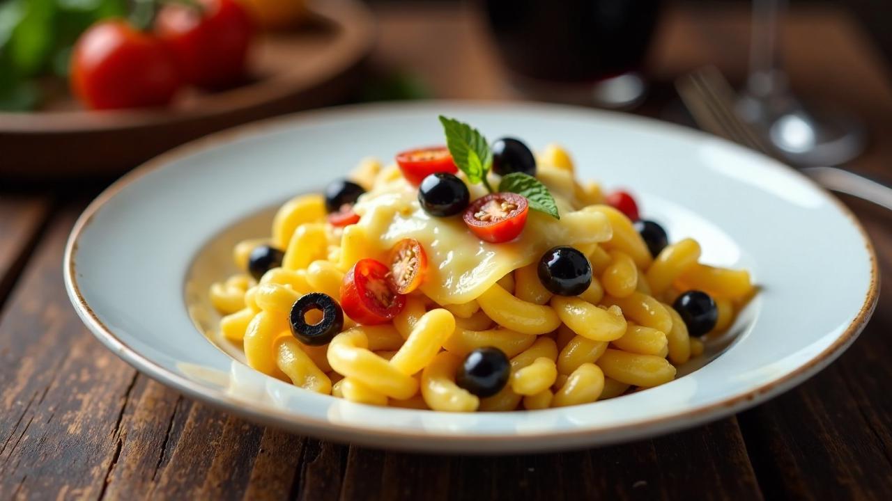 Mediterrane Käsespätzle mit Oliven und getrockneten Tomaten