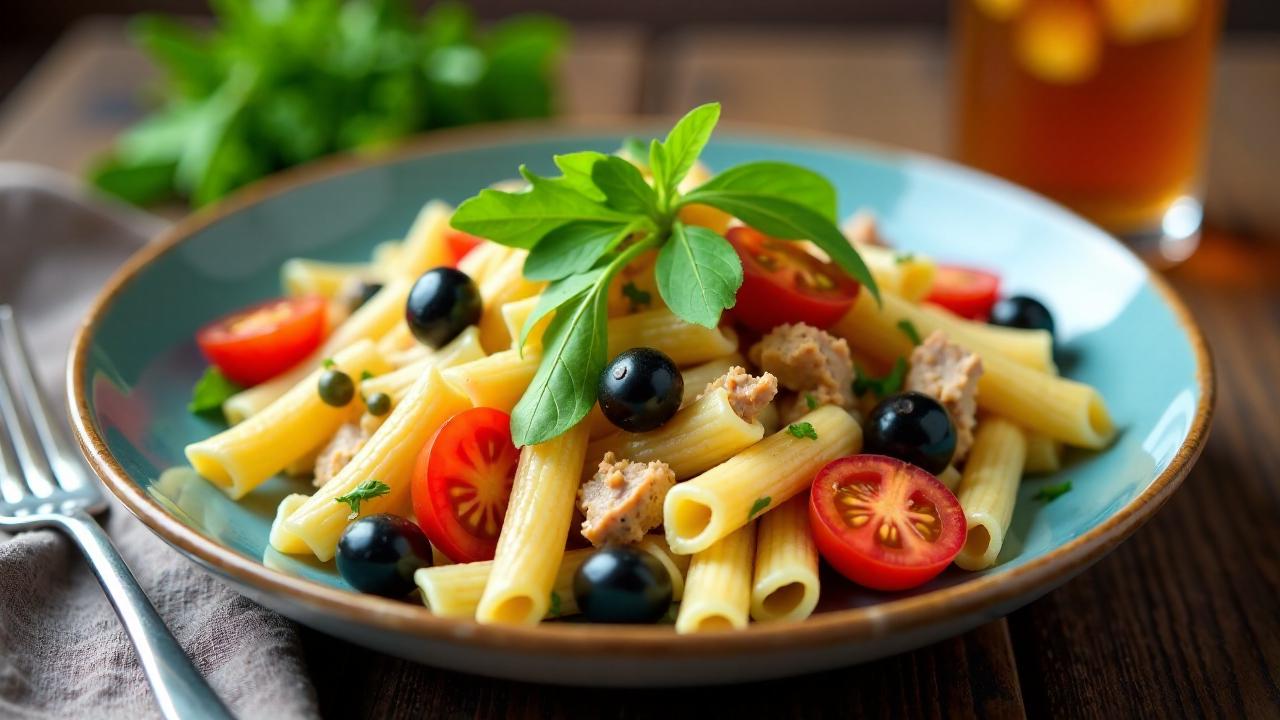 Mediterraner Thunfisch-Nudelsalat mit Oliven und Kapern