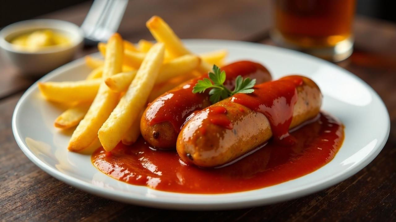 Mett-Currywurst mit Zwiebelsoße und Pommes