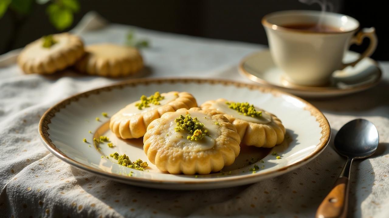 Mit Pistazien garnierte Persische Plätzchen (Naan-e Panjereh)