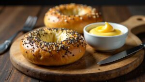 Mohn-Bagel mit Honig-Senf-Butter