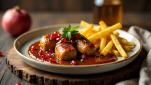 Mole-Currywurst mit Granatapfel-Pommes