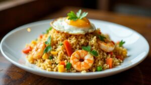 Nasi Goreng – Gebratener Reis mit Shrimps und Gemüse