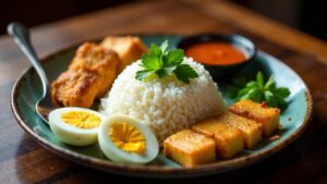 Nasi Uduk – Kokosnussreis mit Beilagen