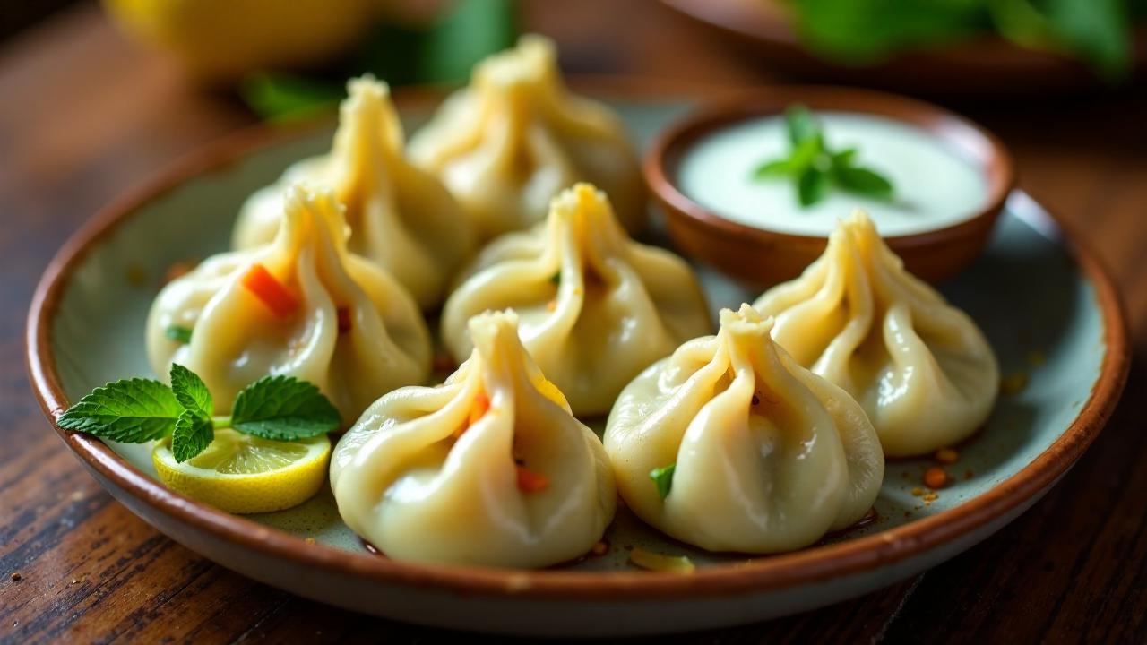 Nepalesische Momos mit Minz-Joghurt-Dip