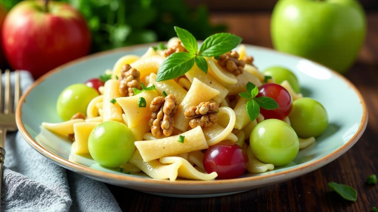 Nudelsalat im Waldorf-Stil mit Walnüssen und Weintrauben